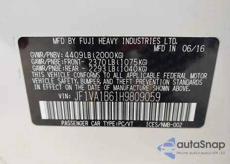 2017 Subaru Wrx из США, поврежденный, VIN JF1VA1B61H9809059